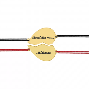 Set bratari argint cuplu inimioare 16 mm si snur negru (M) si rosu (F) (2 bucati incluse) - personalizate cu text - placate cu aur galben de 24 karate